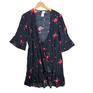 New Gap Floral Print Half Sleeve Wrap Dress size Small Black/Red